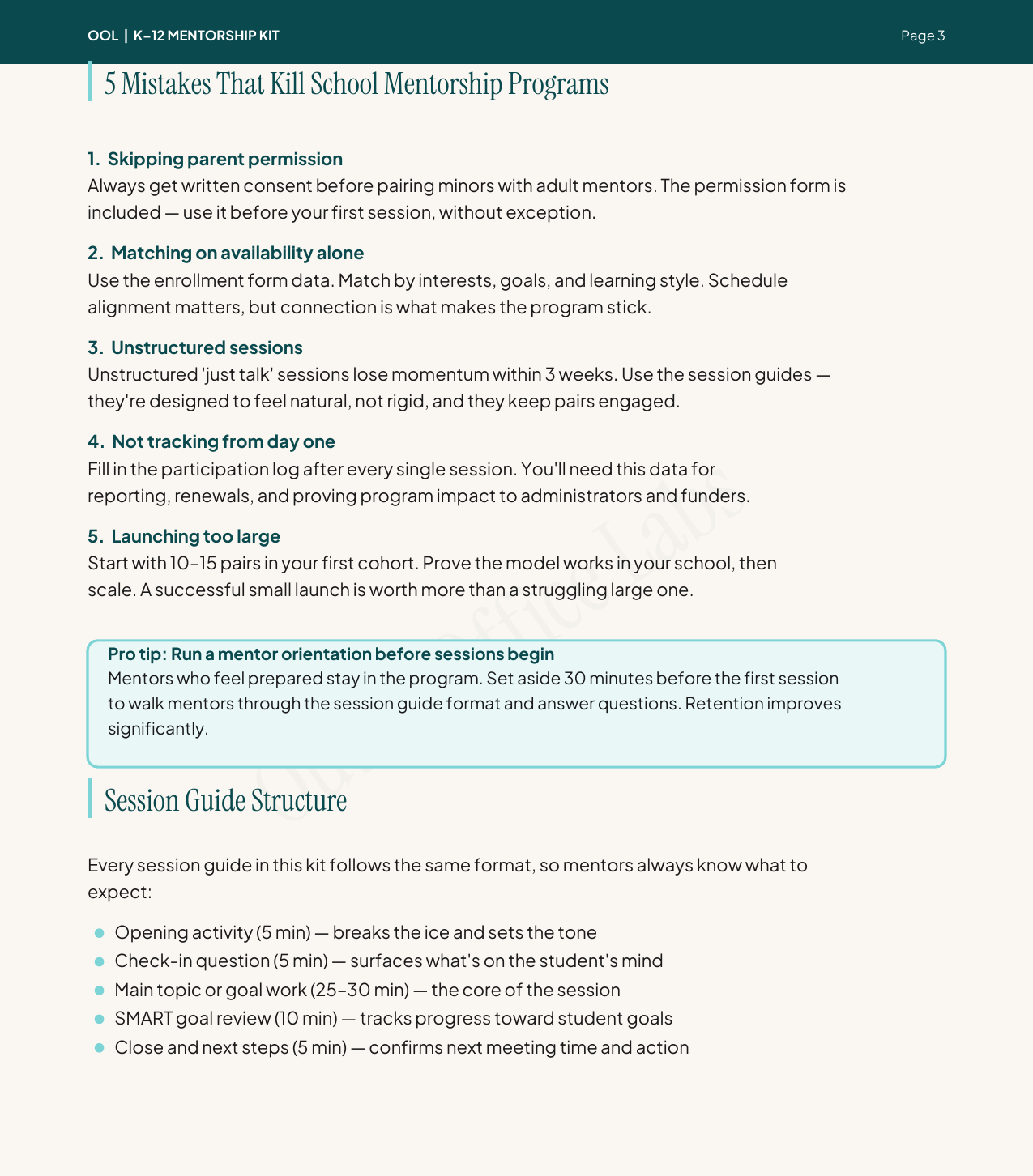 Session guide structure showing the 5-part format every mentor follows: opening activity, check-in, main topic, SMART goal review, and close