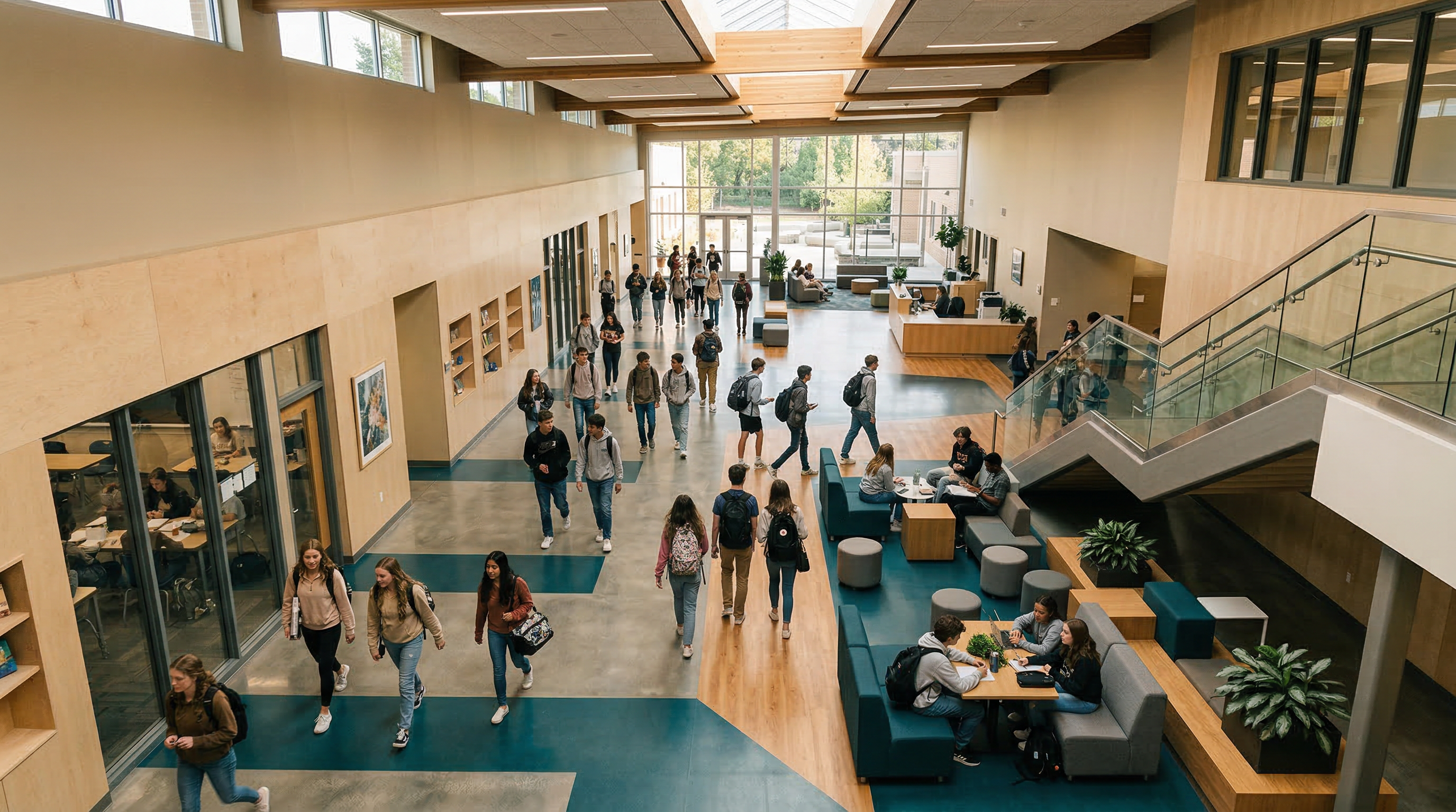 Modern school building with students